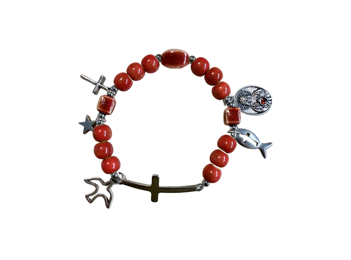 Bracelet élastique 8mm céramique avec médaille 15mm Sacré Coeur
