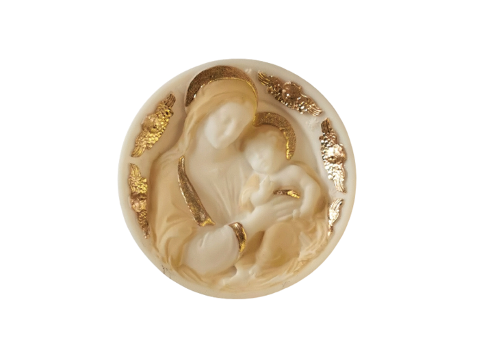 Assiette Murale D10cm en Albaster Beige et Or - Vierge et Enfant
