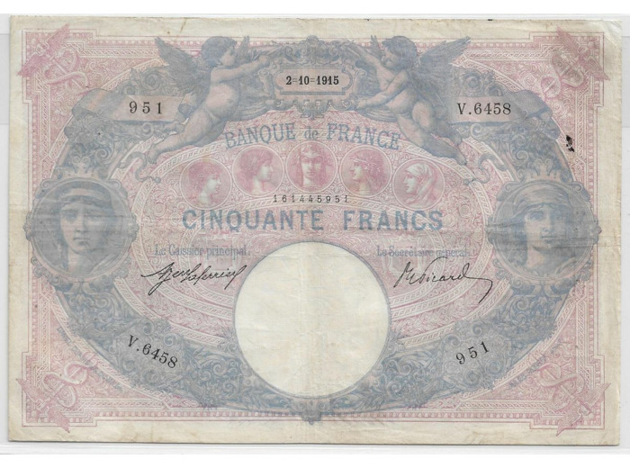 FRANCE 50 FRANCS BLEU ET ROSE SERIE V.6458 2-10-1915 TB+