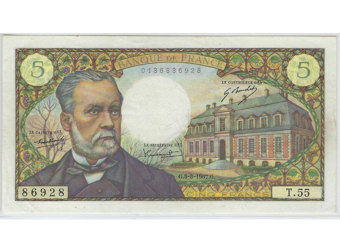FRANCE 5 FRANCS PASTEUR 5-5-1967 T.55 SUP