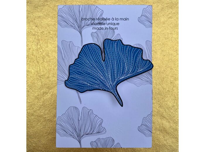 Broche ginko coloris bleu foncé pois argent