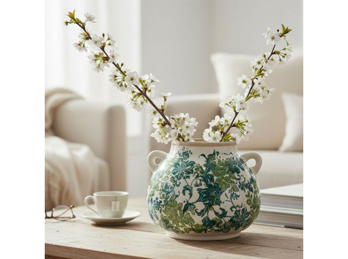 Vase en Grès Sinhoe à Motifs Floraux Verts avec 2 Anses 22x22x17cm