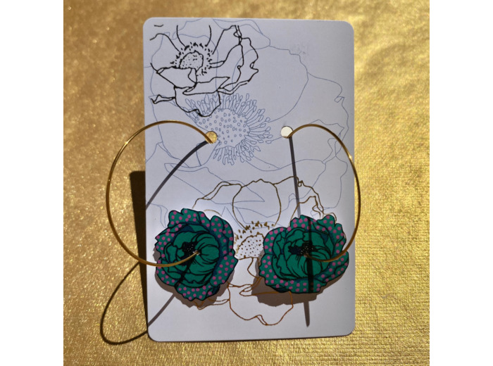 Boucles d'oreilles créoles pivoine coloris vert pois rose