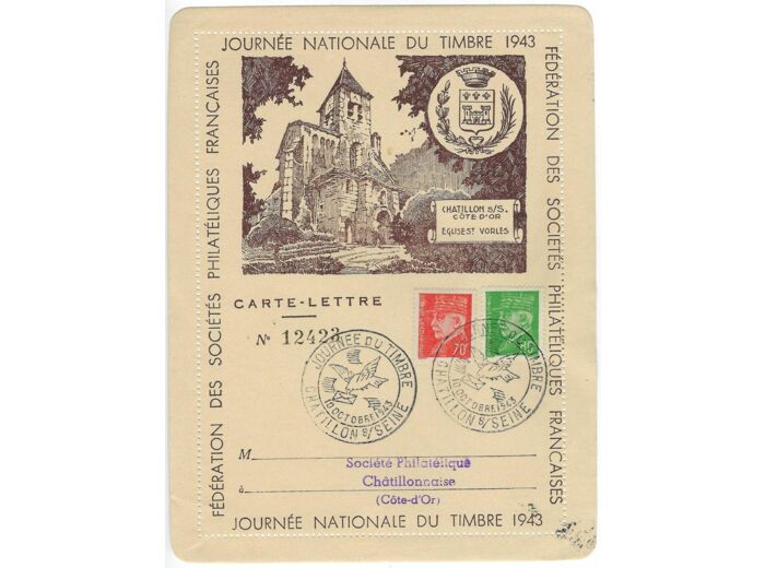 LETTRE 12423 JOURNEE NATIONALE DU TIMBRE 1943 CHATILLON SUR SEINE 10 10 1943