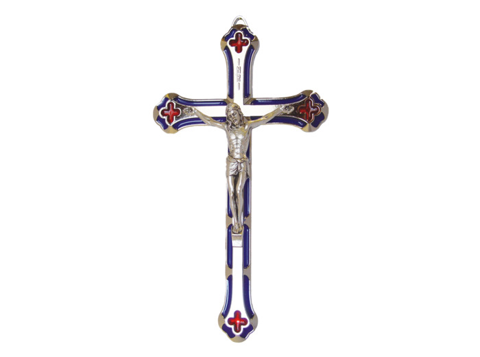 Crucifix 17cm en Métal Nickelé avec Résine Bleu et Rouge