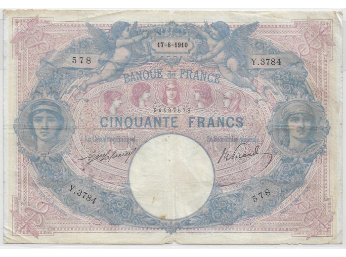 FRANCE 50 FRANCS BLEU ET ROSE SERIE Y.3784 17-8-1910 TB