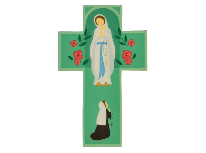 Croix en bois Notre Dame de Lourdes 14x9 cm Vert pâle