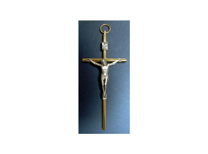 Crucifix ronde INRI 10x4,5cm en métal doré + christ métal argenté