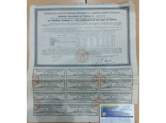 Emprunt ottoman 1928 Conseil de la Dette Publique de l'Ancien Empire Ottoman