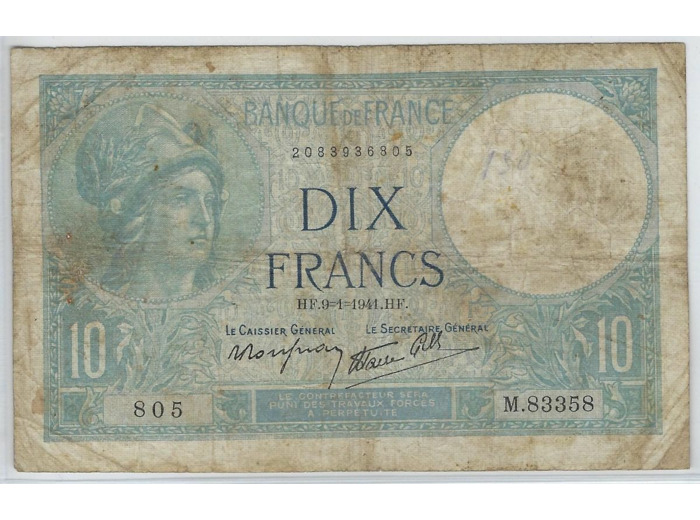 FRANCE 10 FRANCS MINERVE 9-1-1941 SERIE M.83358 TB