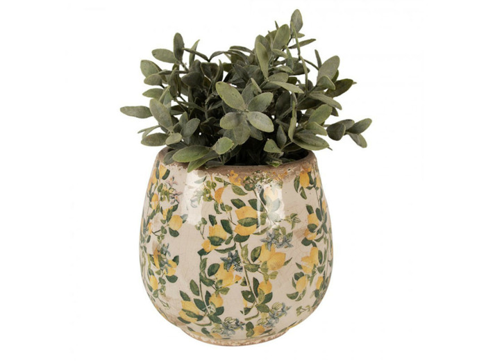 Pot de fleurs d'intérieur beige jaune céramique motifs citrons 8x17cm