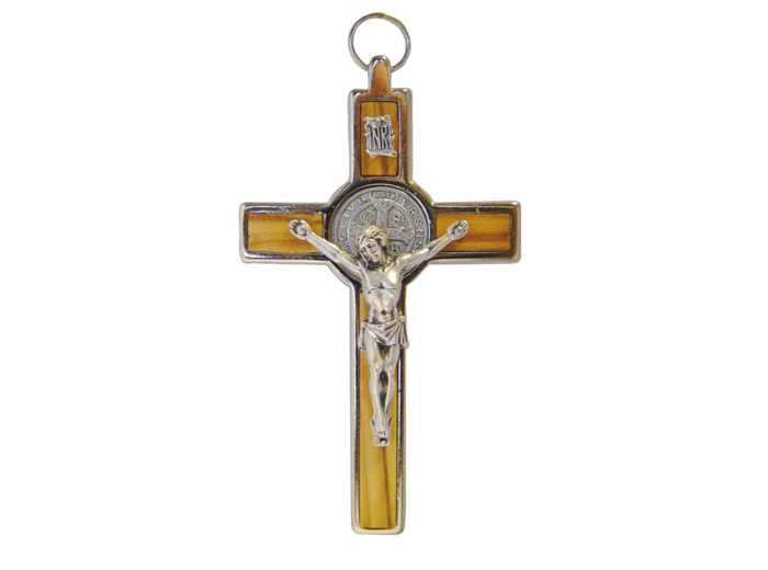 Croix de Saint Benoît en Olivier et Métal Argenté 12cm