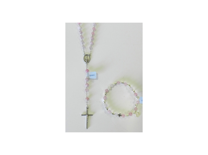 Coffret Chapelet +bracelet-dizainier argenté- QUARTZ ROSE
