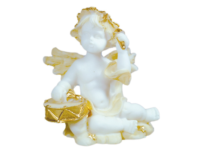 Statue en albâtre 9cm - ANGE MUSICIEN TAMBOUR Beige et Or