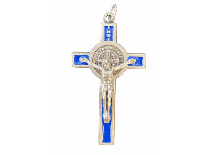 Croix St Benoît 53X29mm émail ARGENTÉ résine BLEU