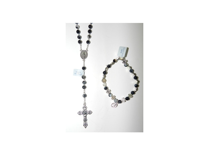 Coffret Chapelet +bracelet-dizainier argenté- AGATE NOIRE