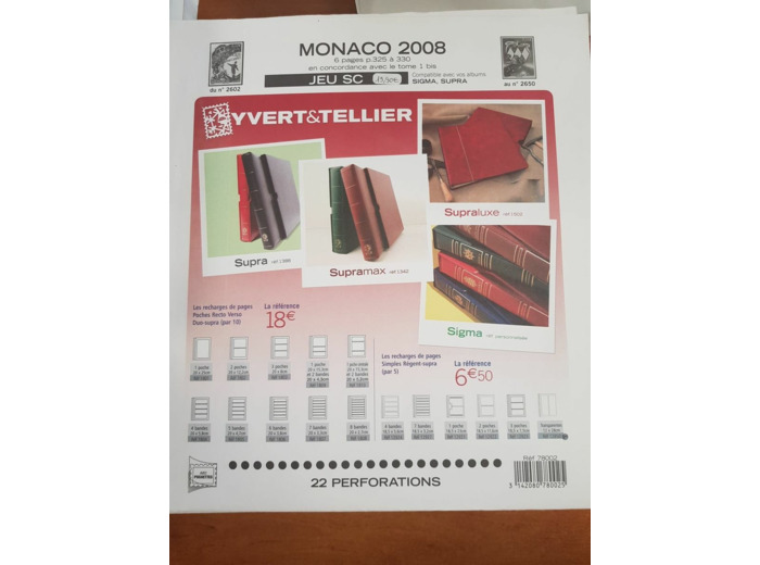 FEUILLE COMPLEMENTAIRE MONACO SC 2008 (JEUX AVEC POCHETTE) YVERT ET TELLIER