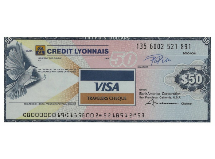 U.S.A. TRAVELERS CHEQUE VISA CREDIT LYONNAIS 50 DOLLARS 135.6002.521.891