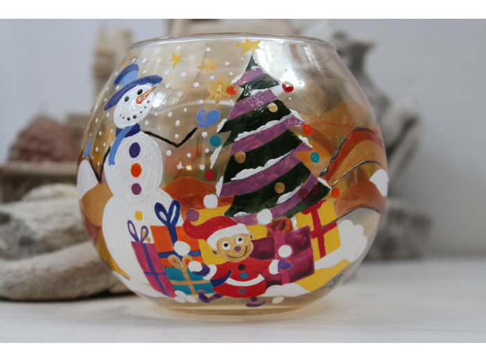 Joli photophore peint à la main sur le thème de Noël, des lutins, bonhomme de neige, pièce unique très colorée - bougie flottante -