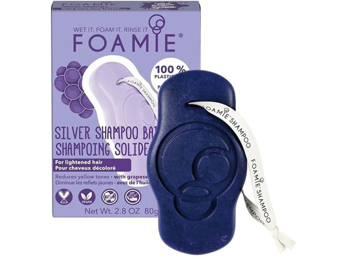 Foamie Shampoing solide déjaunissant pour cheveux blonds à l'huile de pépins de raisin, shampoing bleu sans sulfate et sans plastique 100% vegan 80g Pépins de Raisin pour Cheveux Blonds