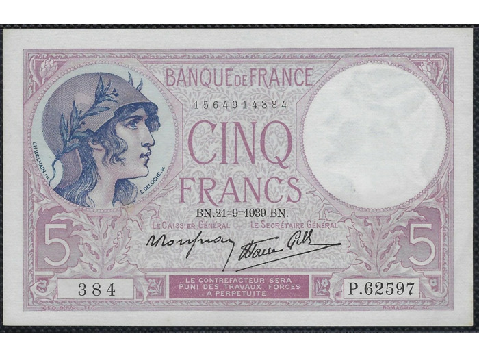 FRANCE 5 FRANCS VIOLET 21-9-1939 P.62597 SPL F.04/09