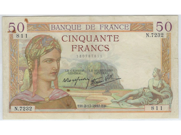 FRANCE 50 FRANCS CERES 2-12-1937 N.7232 TTB