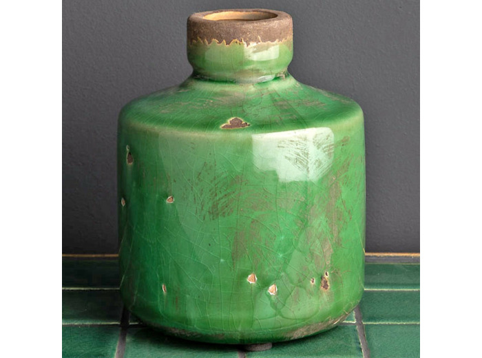 Vase grès bouteille vert olive 14x11cm