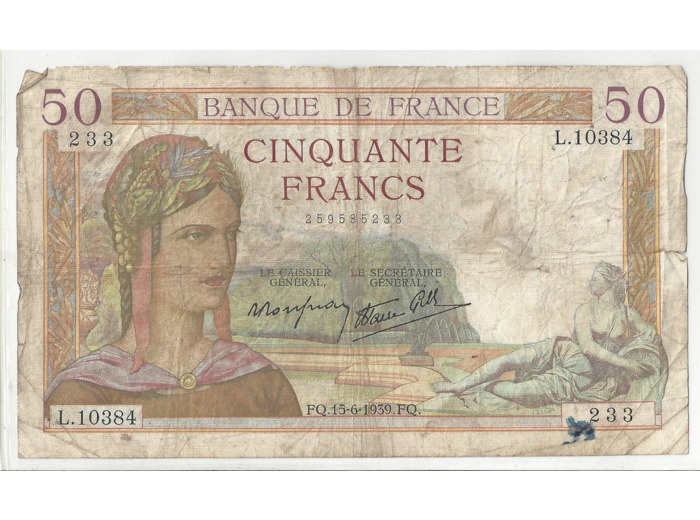 FRANCE 50 FRANCS CERES 15/06/1936 TB+  K.10384