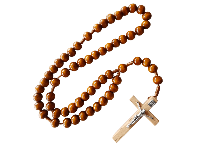 Chapelet  BOIS MOYEN sur CORDE grain rond - croix bois+Christ argenté