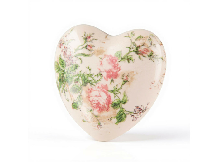Décoration coeur céramique beige rose 11x11x4cm