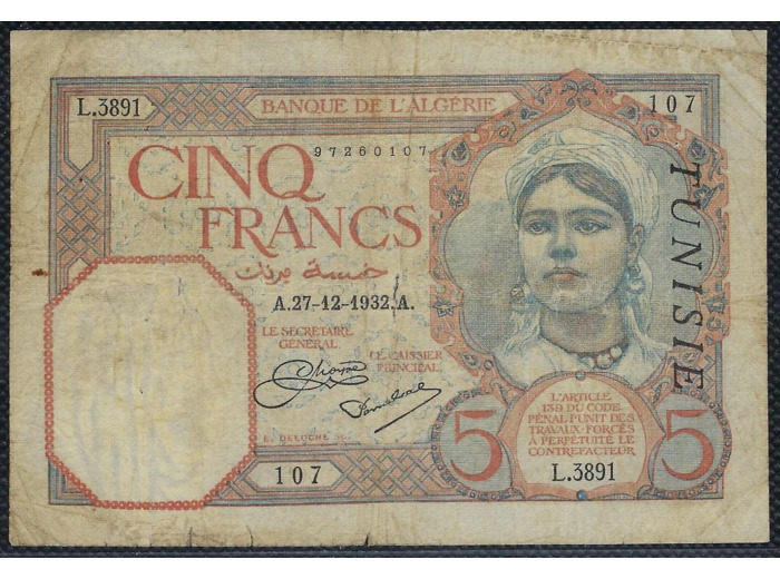 TUNISIE 5 FRANCS 27-12-1932 L.3891 TB+