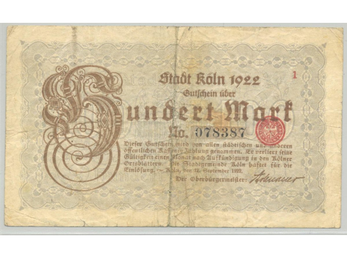 ALLEMAGNE (KOLN) 100 MARK 09-10-1922 TB+
