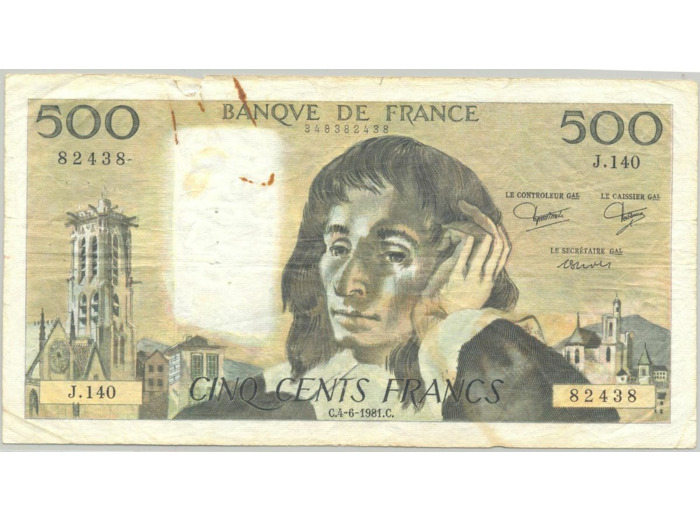FRANCE 500 FRANCS PASCAL SERIE J.140 4-6-1981 TB+