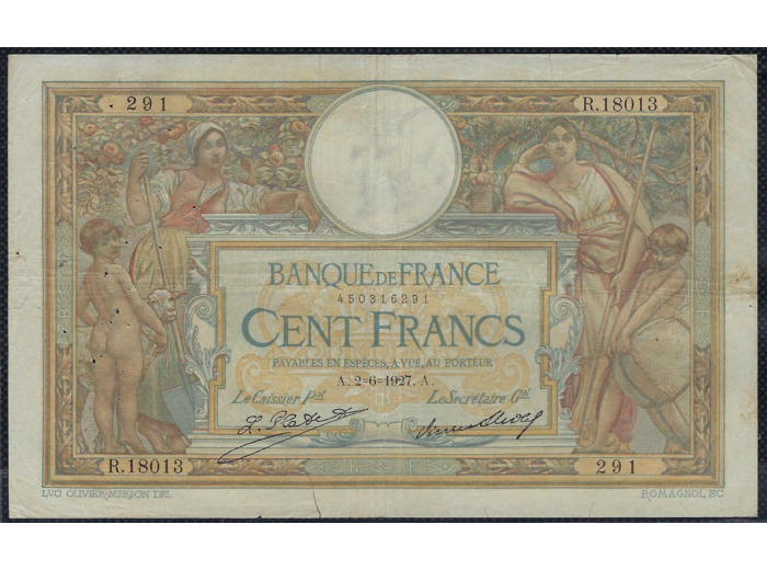 FRANCE 100 FRANCS MERSON sans LOM 18-6-1927 B.18180 TB (F24/06)