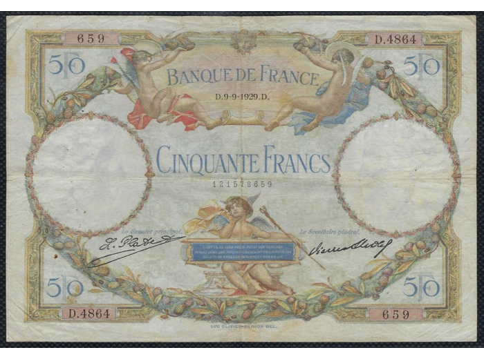 FRANCE 50 FRANCS L.O. MERSON 9-9-1929 D.4864 TB+