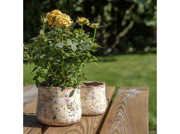 Pot fleuri champêtre beige jaune 14x12cm