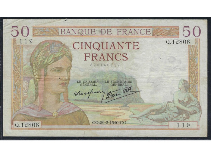 FRANCE 50 FRANCS CERES 29-2-1940 Q.12806 TB+