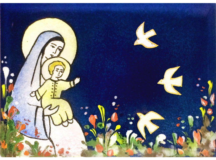 Vierge aux oiseaux 11,6X8,4cm - EMAUX DU LIBAN