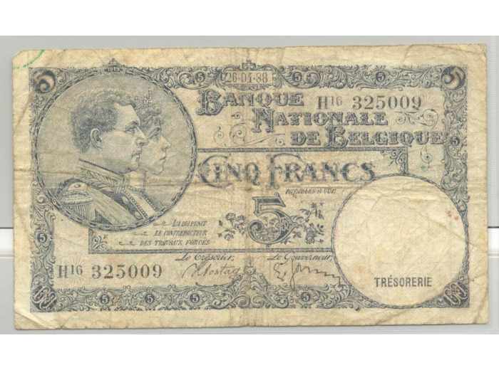 BELGIQUE 5 FRANCS 26-04-1938 SERIE H16 TB+