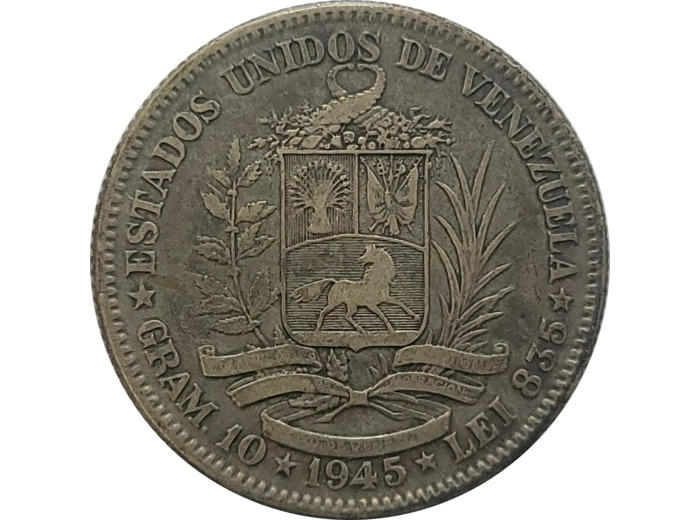 VENEZUELA 2 BOLIVARES ARGENT 1945 TB+ (KM23a)