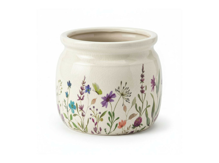 Pot de Fleurs céramique beige fleurs 16x13cm
