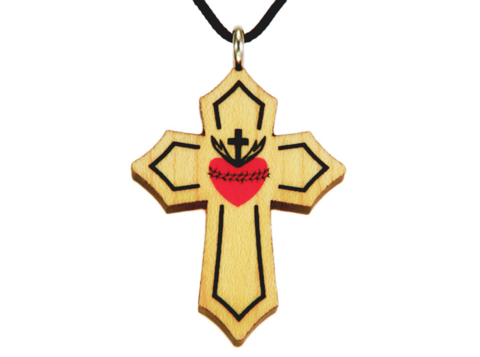 Croix en Bois d'Erable Vernis 3,7cm avec Cordon - SACRÉ COEUR