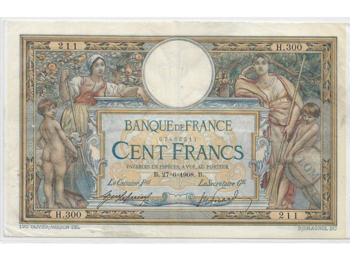 FRANCE 100 FRANCS L.O.M avec LOM SERIE H.300 27-6-1908 TTB