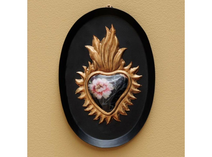 Cadre Ovale en Fer Ex-voto Fleuri Noir Doré 14x20cm