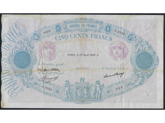 FRANCE 500 FRANCS BLEU ET ROSE 27 AVRIL 1933 O.2193 TB+