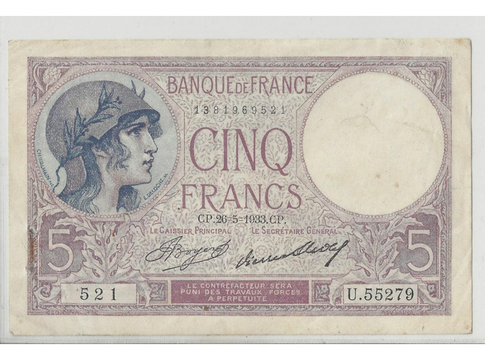 FRANCE 5 FRANCS  VIOLET 26-5-1933 U55279 SUP