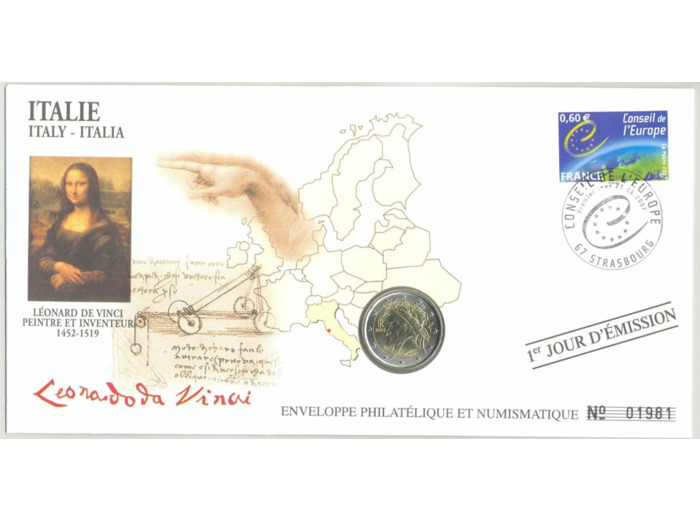 ENVELOPPE PHILATELIQUE NUMISMATIQUE CONSEIL EUROPE 2 EURO ITALIE 2002