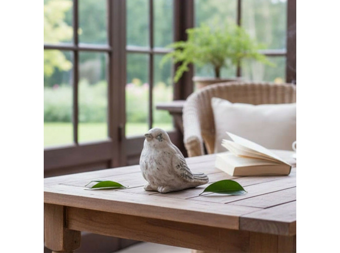 Statue oiseau déco résine patinée blanc 15x11x12cm