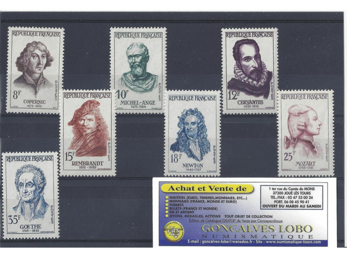 YVERT 1132 a 1138 CELEBRITES ETRANGERES 1957 Serie 7 Timbres NEUF