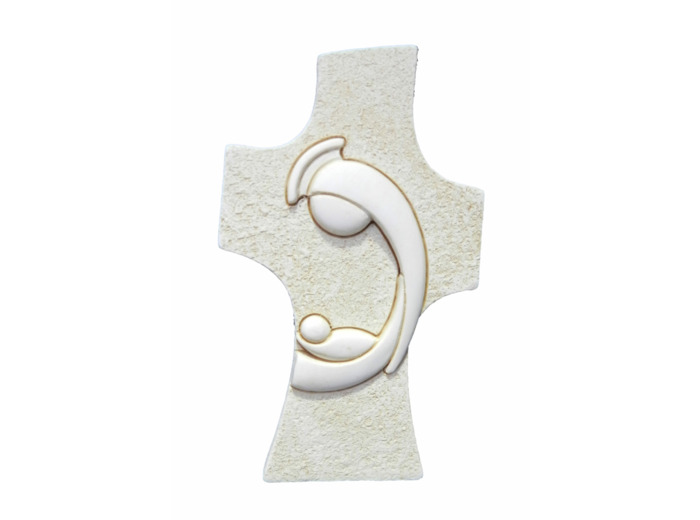Croix résine à poser ivoire 9x5,5cm- VIERGE à l'ENFANT
